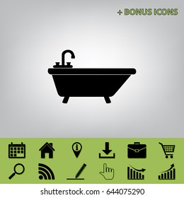 Bathtub sign illustration. Vector. Black icon at gray background with bonus icons at celery ones