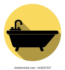 Bathtub sign illustration. Vector. Flat black icon with flat shadow on royal yellow circle with white background. Isolated.