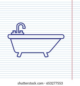 Bathtub sign illustration. Vector. Navy line icon on notebook paper as background with red line for field.