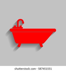 Bathtub sign illustration. Vector. Red icon with soft shadow on gray background.