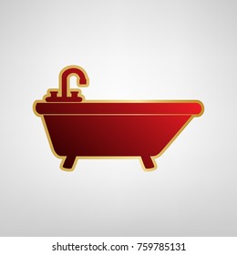 Bathtub sign illustration. Vector. Red icon on gold sticker at light gray background.