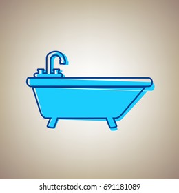 Bathtub sign illustration. Vector. Sky blue icon with defected blue contour on beige background.