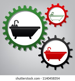 Bathtub sign illustration. Vector. Three connected gears with icons at grayish background.