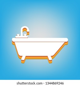 Bathtub sign illustration. Vector. White icon with 3d warm-colored gradient body at sky blue background.