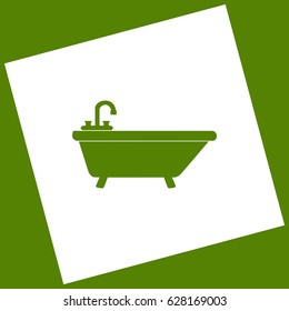Bathtub sign illustration. Vector. White icon obtained as a result of subtraction rotated square and path. Avocado background.