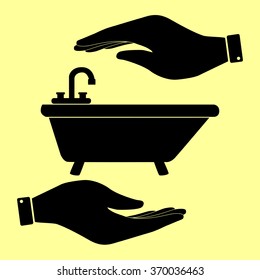 Bathtub sign. Save or protect symbol by hands.