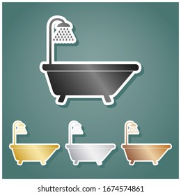 Bathtub sign. Set of metallic Icons with gray, gold, silver and bronze gradient with white contour and shadow at viridan background. Illustration.