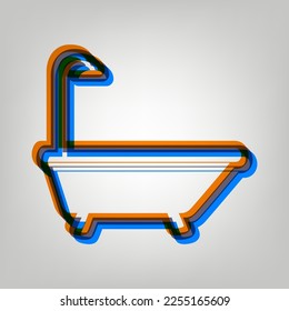Bathtub sign. Stroked Icon in orange, azure and old lavender Colors at gray Background. Illustration.