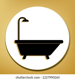 Bathtub sign. Vector. Black icon with light brown shadow in white circle with shaped ring at golden background.