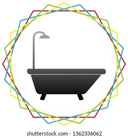 Bathtub sign. Vector. Black icon with patch of light inside colorful hexagonal frames at white background.