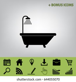 Bathtub sign. Vector. Black icon at gray background with bonus icons 