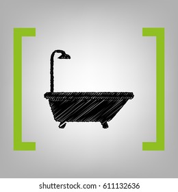 Bathtub sign. Vector. Black scribble icon in citron brackets on grayish background.