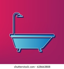 Bathtub sign. Vector. Blue 3d printed icon on magenta background.