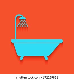 Bathtub sign. Vector. Blue icon with soft shadow putted down on flamingo background.