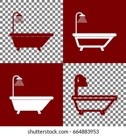 Bathtub sign. Vector. Bordo and white icons and line icons on chess board with transparent background.