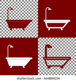 Bathtub sign. Vector. Bordo and white icons and line icons on chess board with transparent background.