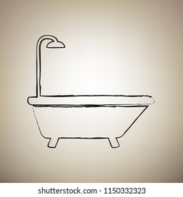 Bathtub sign. Vector. Brush drawed black icon at light brown background.