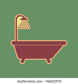 Bathtub sign. Vector. Cordovan icon and mellow apricot halo with light khaki filled space at russian green background.