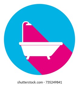 Bathtub sign. Vector. Flat white icon with mexican pink shadow inside sky blue(S and G) circle at white background. Isolated. Trend colors in 2017.