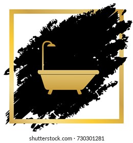 Bathtub sign. Vector. Golden icon at black spot inside golden frame on white background.