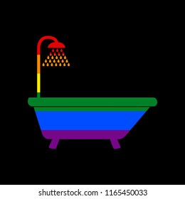 Bathtub sign. Vector. Icon with colors of LGBT flag at black background.