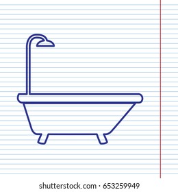Bathtub sign. Vector. Navy line icon on notebook paper as background with red line for field.