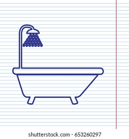 Bathtub sign. Vector. Navy line icon on notebook paper as background with red line for field.