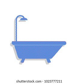 Bathtub sign. Vector. Neon blue icon with cyclamen polka dots pattern with light gray shadow on white background. Isolated.