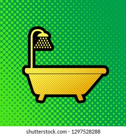 Bathtub sign. Vector. Pop art orange to yellow dots-gradient icon with black contour at greenish background.