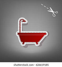 Bathtub sign. Vector. Red icon with for applique from paper with shadow on gray background with scissors.