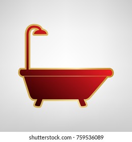 Bathtub sign. Vector. Red icon on gold sticker at light gray background.
