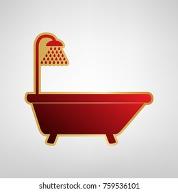 Bathtub sign. Vector. Red icon on gold sticker at light gray background.