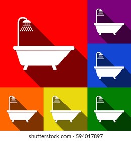 Bathtub sign. Vector. Set of icons with flat shadows at red, orange, yellow, green, blue and violet background.
