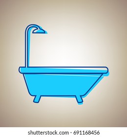 Bathtub sign. Vector. Sky blue icon with defected blue contour on beige background.