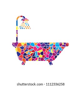 Bathtub sign. Vector. Stained glass icon on white background. Colorful polygons. Isolated.