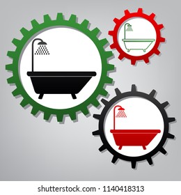 Bathtub sign. Vector. Three connected gears with icons at grayish background.
