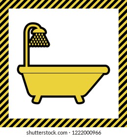 Bathtub sign. Vector. Warm yellow icon with black contour in frame named as under construction at white background. Isolated.