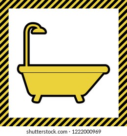 Bathtub sign. Vector. Warm yellow icon with black contour in frame named as under construction at white background. Isolated.