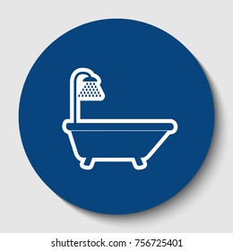 Bathtub sign. Vector. White contour icon in dark cerulean circle at white background. Isolated.