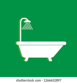 Bathtub sign. Vector. White flat icon with yellow striped shadow at green background.