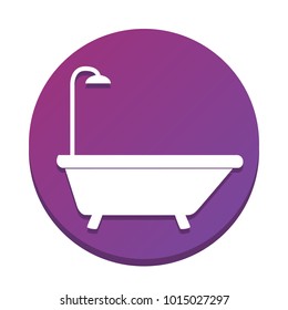 Bathtub sign. Vector. White icon with flat shadow on purpureus circle at white background. Isolated.