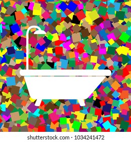 Bathtub sign. Vector. White icon on colorful background with seamless pattern from squares.