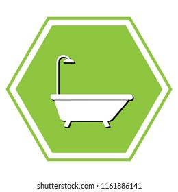 Bathtub sign. Vector. White icon with black shadow at yellow green honeycomb on white background.