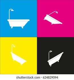 Bathtub sign. Vector. White icon with isometric projections on cyan, magenta, yellow and black backgrounds.