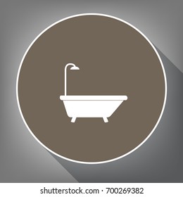 Bathtub sign. Vector. White icon on brown circle with white contour and long shadow at gray background. Like top view on postament.
