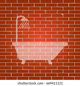 Bathtub sign. Vector. Whitish icon on brick wall as background.