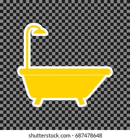 Bathtub sign. Vector. Yellow icon with white contour on dark transparent background.