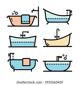 Bathtub simple color icon set. Bath symbol. Vector simple isolated collection drawing isolated on white background.