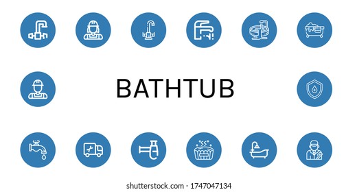 bathtub simple icons set. Contains such icons as Faucet, Plumber, Jacuzzi, Hot tub, Siphon, Bathtub, Drop, can be used for web, mobile and logo