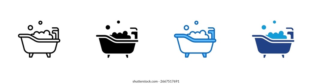 Bathtub Soak Multiple Style Icon Vector Design - filled bathtub with bubbles, symbolizing a relaxing bath or hygiene activity